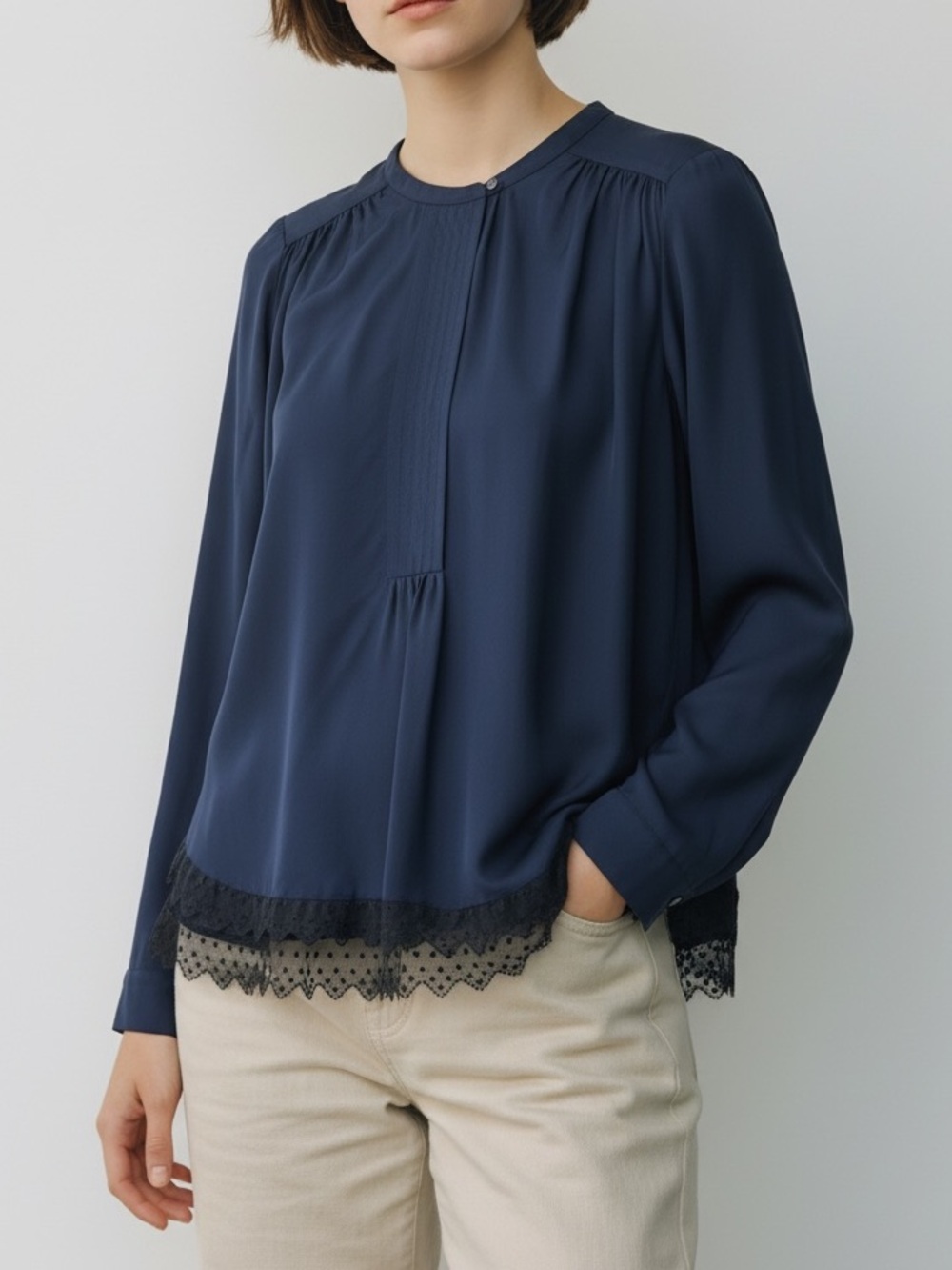 Zadig & Voltaire Tranoi navy silk top with black hem Blue lace trim blouse Sz M